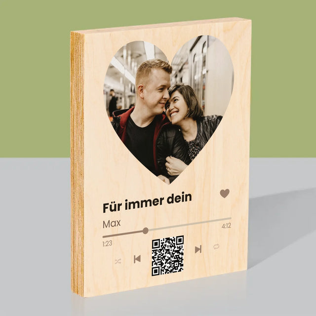 Foto Und Unterschrift: Unser Lied - Herz-Qr-Code - Druck Auf Holz