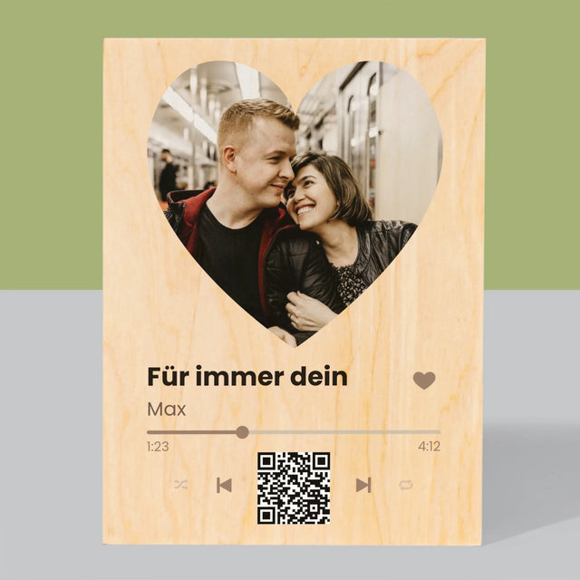 Foto Und Unterschrift: Unser Lied - Herz-Qr-Code - Druck Auf Holz