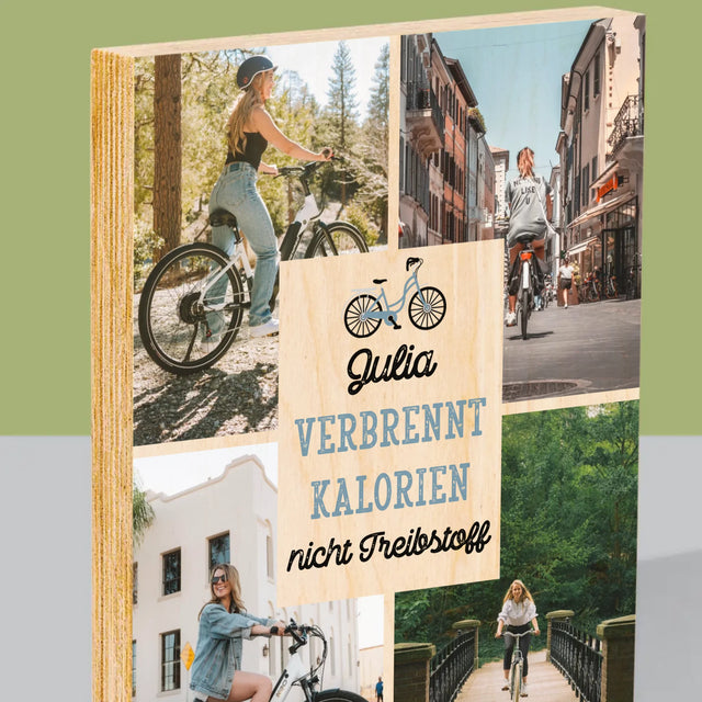 Fotocollage: Verbrennt Kalorien, Nicht Treibstoff - Druck Auf Holz