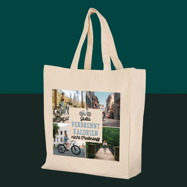 Fotocollage: Verbrennt Kalorien, keinen Treibstoff – bedruckte Canvas-Tasche | DE