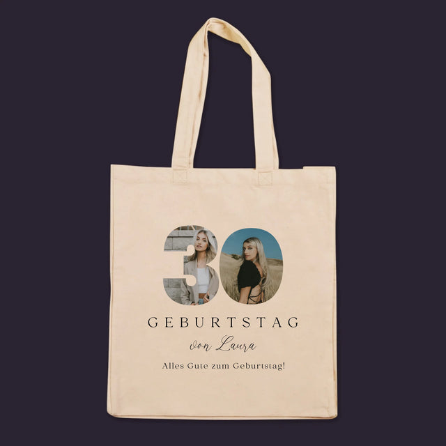Wort aus Bildern: Unterschrift zum 30. Geburtstag – bedruckte Canvas-Tasche | DE