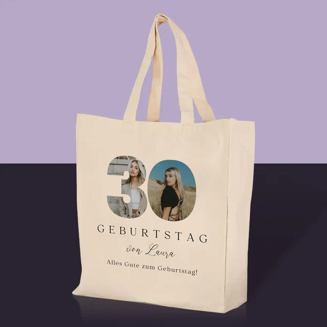Wort aus Bildern: Unterschrift zum 30. Geburtstag – bedruckte Canvas-Tasche | DE