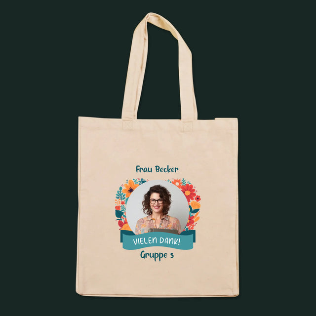 Foto und Bildunterschrift: Danke an die Kindergärtnerin - Canvas-Tasche mit Aufdruck | DE