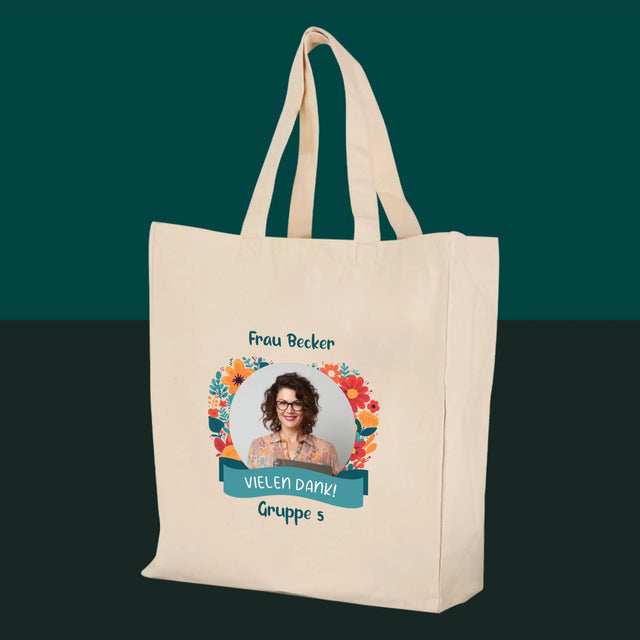 Foto und Bildunterschrift: Danke an die Kindergärtnerin - Canvas-Tasche mit Aufdruck | DE