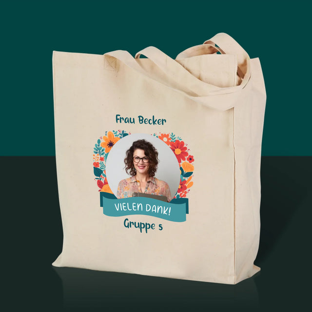 Foto und Bildunterschrift: Danke an die Kindergärtnerin - Canvas-Tasche mit Aufdruck | DE