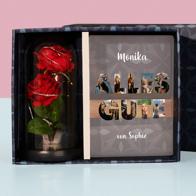 Buchstaben-Collage: Alles Gute - Geschenkset Mit Druck Auf Acrylglas Und Ewiger Rose