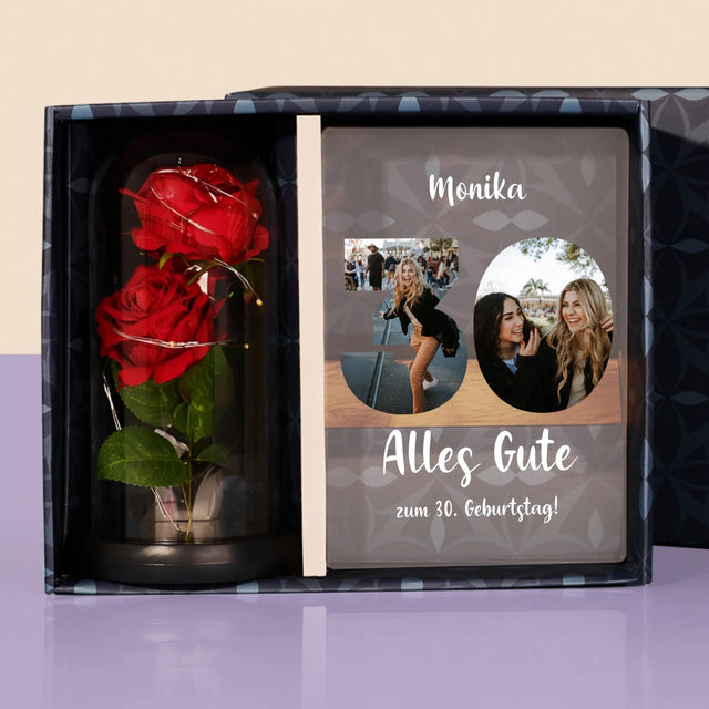 Buchstaben-Collage: 30. Geburtstag - Geschenkset Mit Druck Auf Acrylglas Und Ewiger Rose