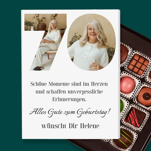 Buchstaben-Collage: 70 Jahre Alt - Pralinen