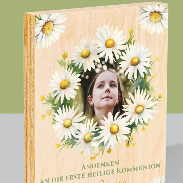 Foto Und Unterschrift: Andenken An Die Erstkommunion Gänseblümchen - Druck Auf Holz