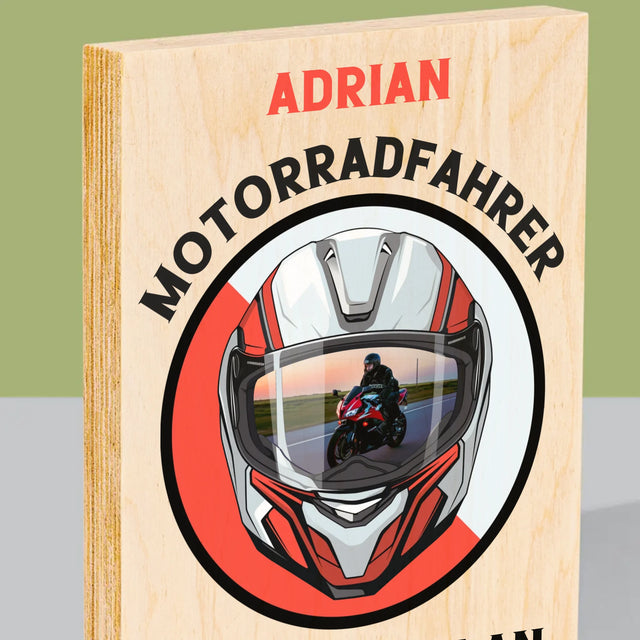 Foto Und Unterschrift: Motorradfahrer Von Geburt An - Druck Auf Holz