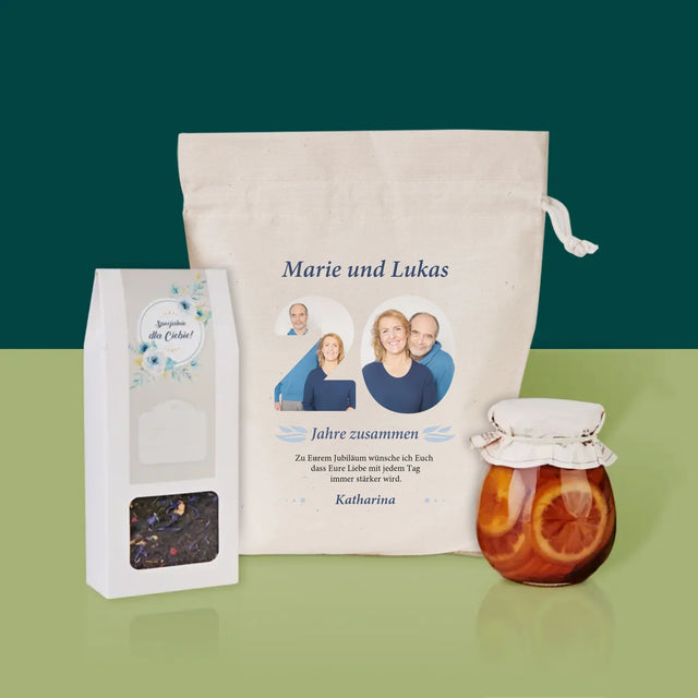 Buchstaben-Collage: 20 Jahre Zusammen - Tee-Geschenkset