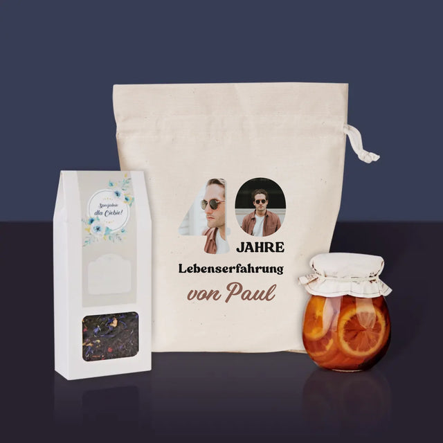Buchstaben-Collage: 40 Jahre Erfahrung - Tee-Geschenkset