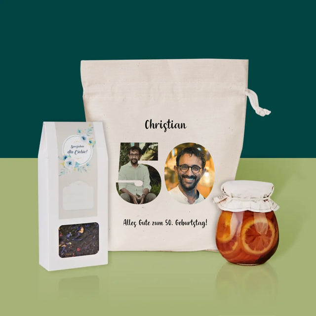 Buchstaben-Collage: 50. Geburtstag - Tee-Geschenkset