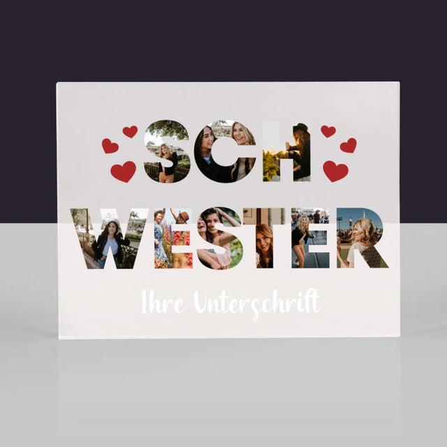 Buchstaben-Collage: Schwester - Acrylblock