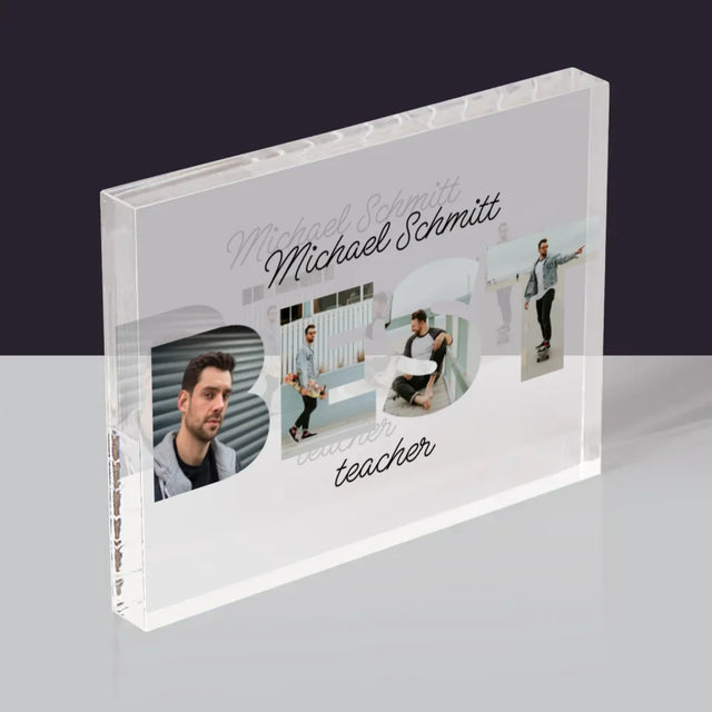 Buchstaben-Collage: Best Teacher - Acrylblock