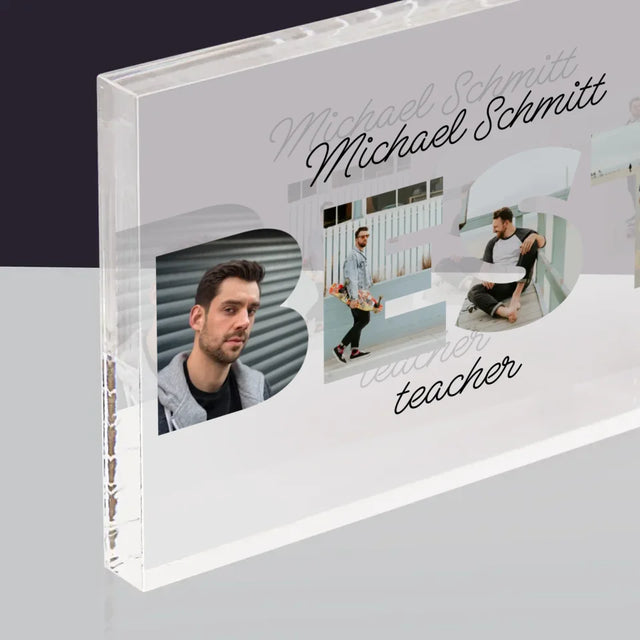 Buchstaben-Collage: Best Teacher - Acrylblock