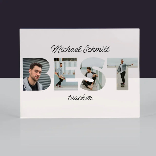 Buchstaben-Collage: Best Teacher - Acrylblock