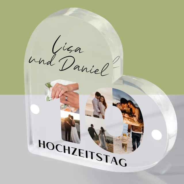 Buchstaben-Collage: 10. Hochzeitstag - Acrylblock Herz