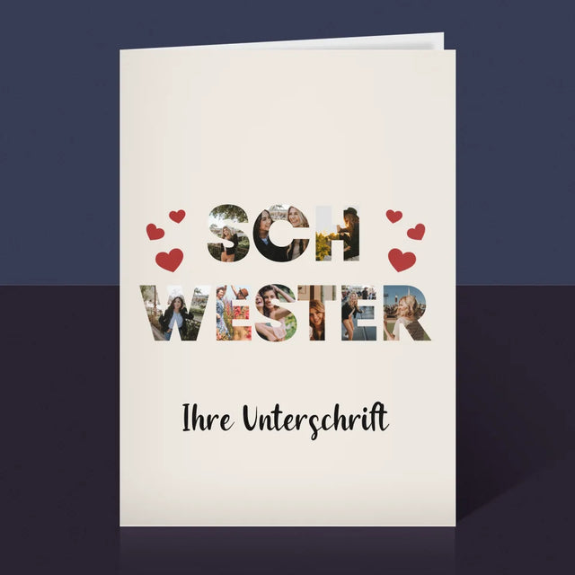 Buchstaben-Collage: Schwester - Glückwunschkarte