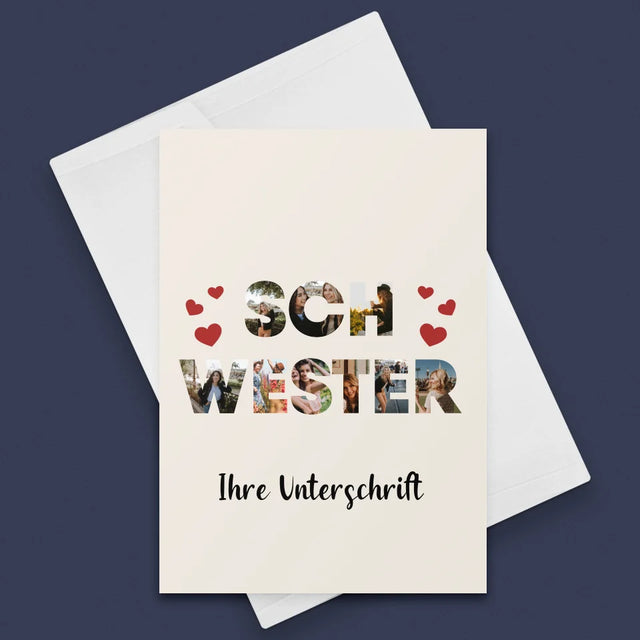 Buchstaben-Collage: Schwester - Glückwunschkarte