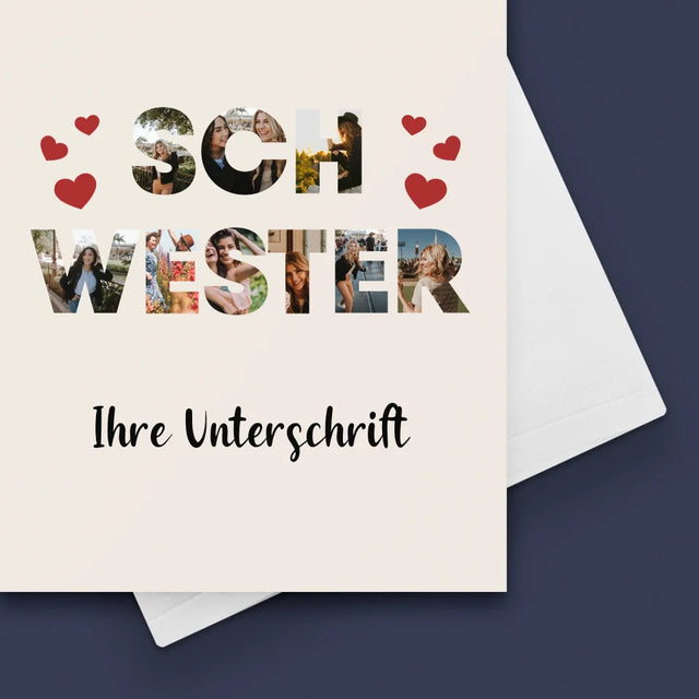 Buchstaben-Collage: Schwester - Glückwunschkarte