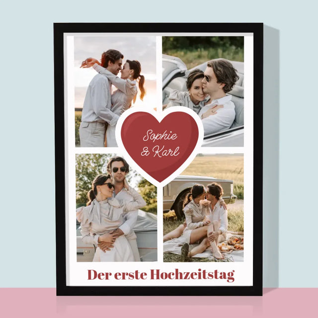 Fotocollage: Erster Hochzeitstag Herz - Druck Mit Rahmen 30X40