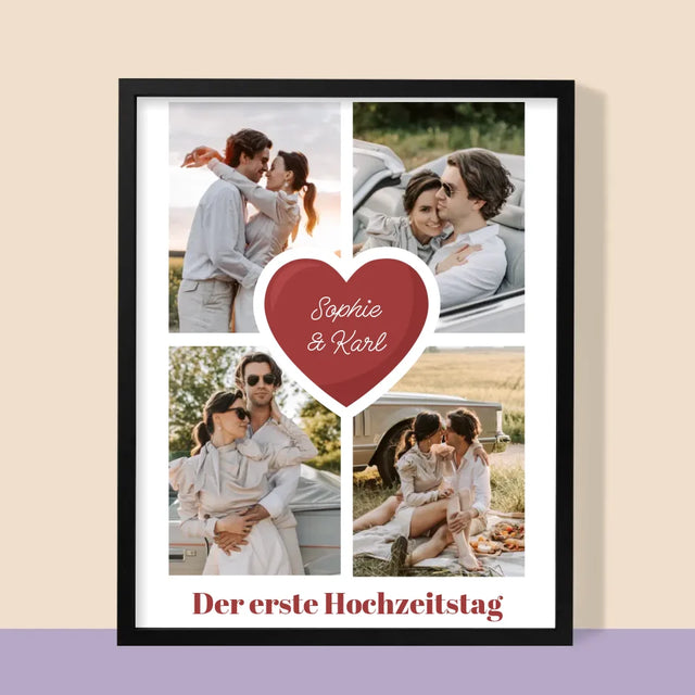 Fotocollage: Erster Hochzeitstag Herz - Druck Mit Rahmen 30X40