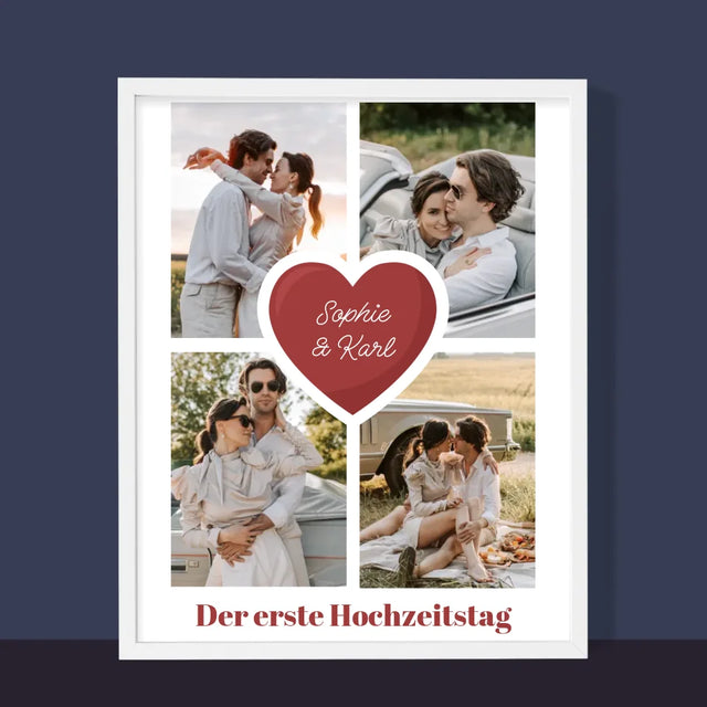 Fotocollage: Erster Hochzeitstag Herz - Druck Mit Rahmen 30X40