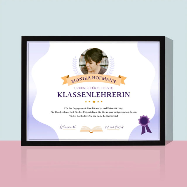 Foto Und Unterschrift: Urkunde Beste Klassenlehrerin - Druck Mit Rahmen 30X40