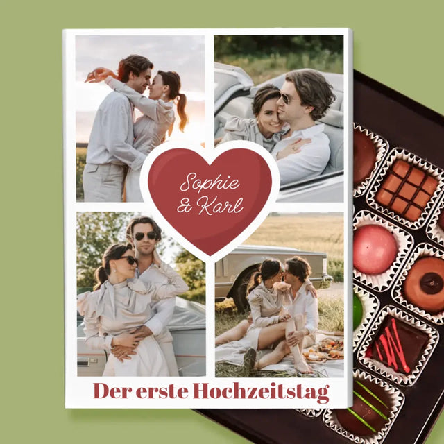 Fotocollage: Erster Hochzeitstag Herz - Pralinen