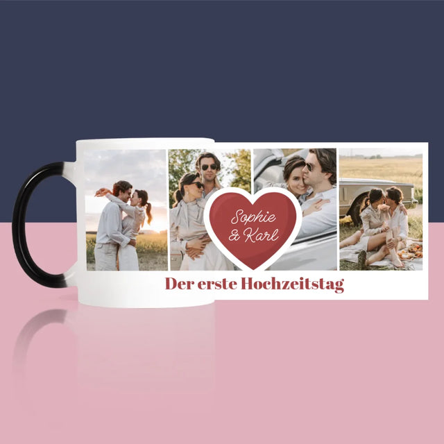 Fotocollage: Erster Hochzeitstag Herz - Tasse