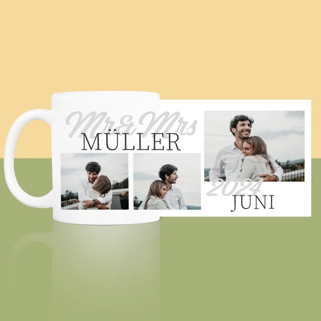 Fotocollage: Mr&Mrs Datum - Tasse