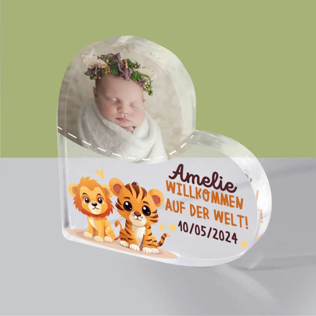 Foto Und Unterschrift: Willkommen Auf Der Welt - Acrylblock Herz