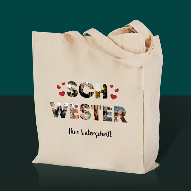 Buchstaben-Collage: Schwester - Stofftasche