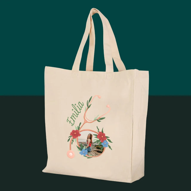 Foto Und Unterschrift: Stethoskop Blumen - Stofftasche