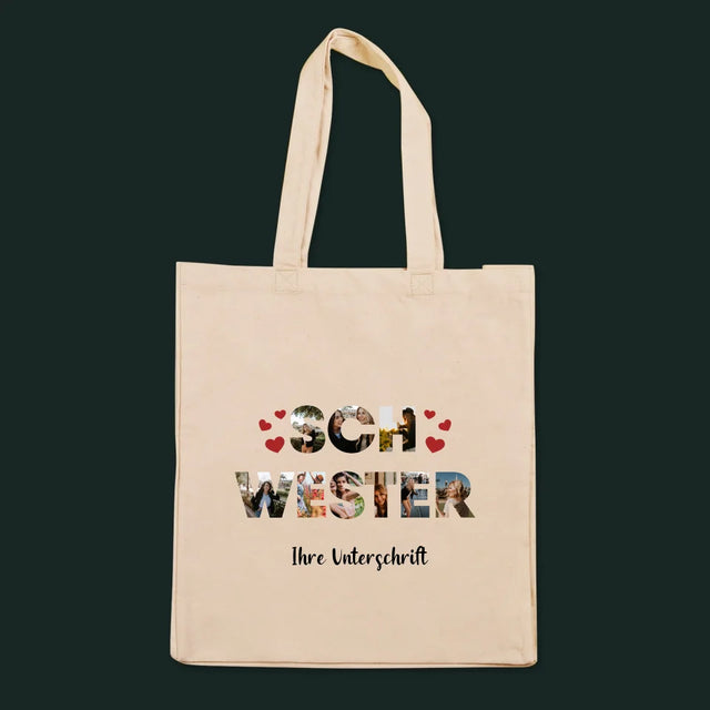 Buchstaben-Collage: Schwester - Stofftasche