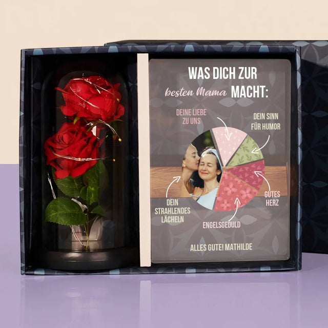 Foto Und Unterschrift: Beste Mama Eigenschaften - Geschenkset Mit Druck Auf Acrylglas Und Ewiger Rose