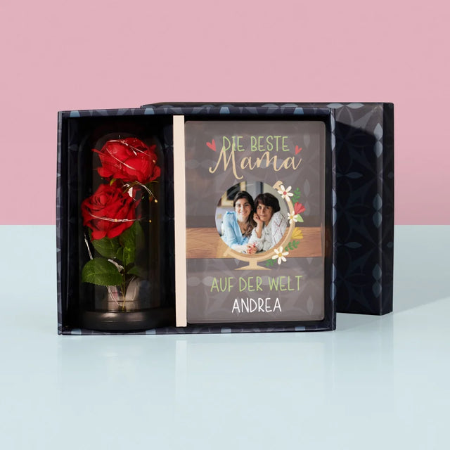 Foto Und Unterschrift: Beste Mama Welt - Geschenkset Mit Druck Auf Acrylglas Und Ewiger Rose