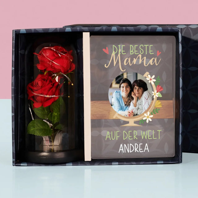 Foto Und Unterschrift: Beste Mama Welt - Geschenkset Mit Druck Auf Acrylglas Und Ewiger Rose