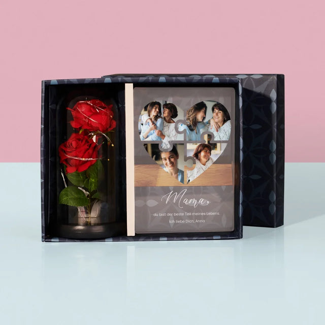 Fotocollage: Herz Puzzle Für Mama - Geschenkset Mit Druck Auf Acrylglas Und Ewiger Rose