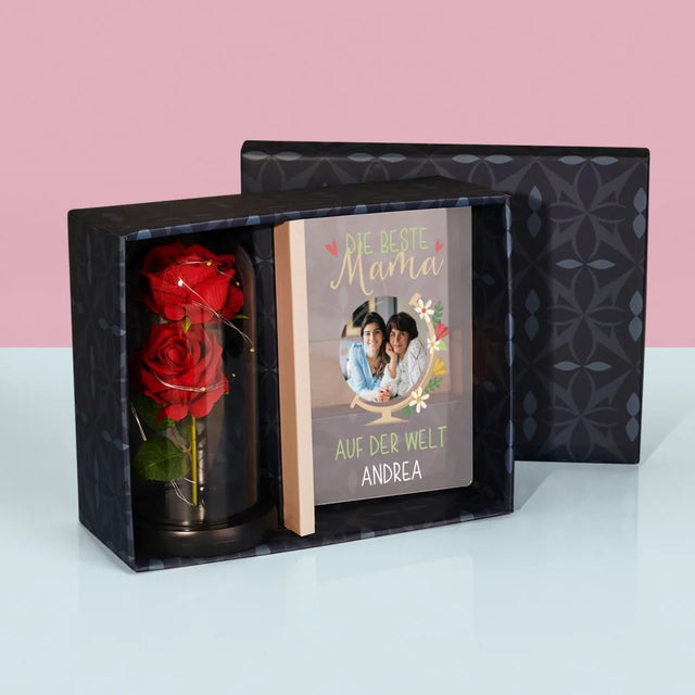 Foto Und Unterschrift: Beste Mama Welt - Geschenkset Mit Druck Auf Acrylglas Und Ewiger Rose