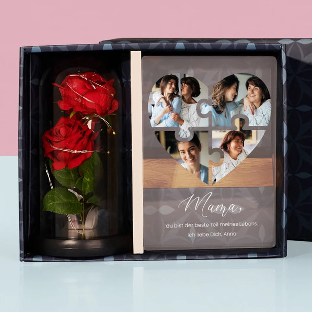 Fotocollage: Herz Puzzle Für Mama - Geschenkset Mit Druck Auf Acrylglas Und Ewiger Rose