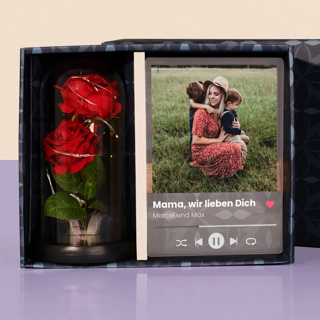 Foto Und Unterschrift: Mama, Wir Lieben Dich - Geschenkset Mit Druck Auf Acrylglas Und Ewiger Rose