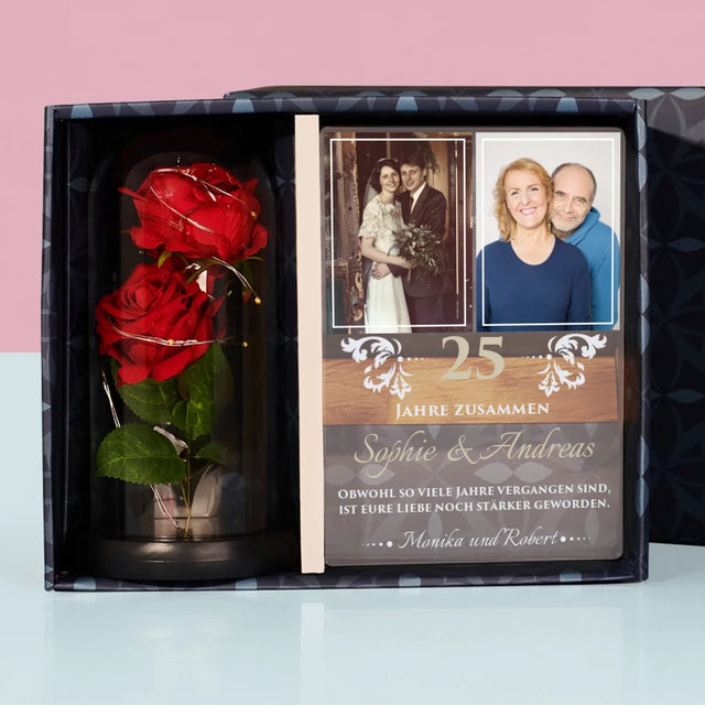 Fotocollage: 25 Jahre Zusammen - Geschenkset Mit Druck Auf Acrylglas Und Ewiger Rose