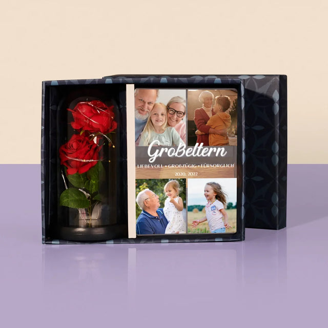 Fotocollage: Geliebte Großeltern - Geschenkset Mit Druck Auf Acrylglas Und Ewiger Rose