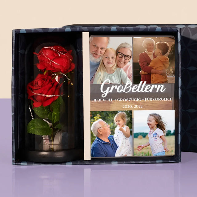 Fotocollage: Geliebte Großeltern - Geschenkset Mit Druck Auf Acrylglas Und Ewiger Rose