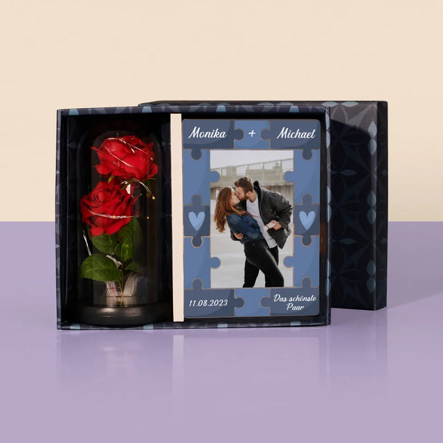 Foto Und Unterschrift: Puzzle + Foto - Geschenkset Mit Druck Auf Acrylglas Und Ewiger Rose