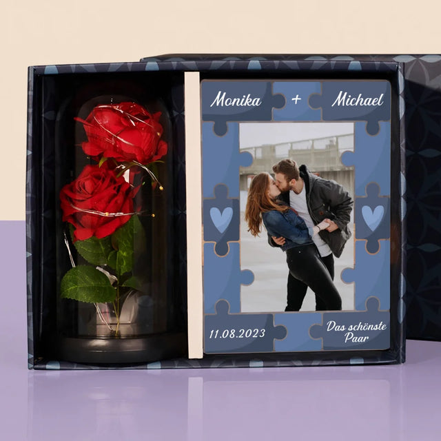 Foto Und Unterschrift: Puzzle + Foto - Geschenkset Mit Druck Auf Acrylglas Und Ewiger Rose