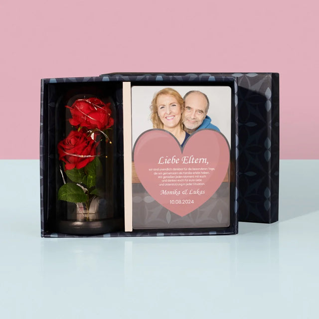 Foto Und Unterschrift: Liebe Eltern - Geschenkset Mit Druck Auf Acrylglas Und Ewiger Rose