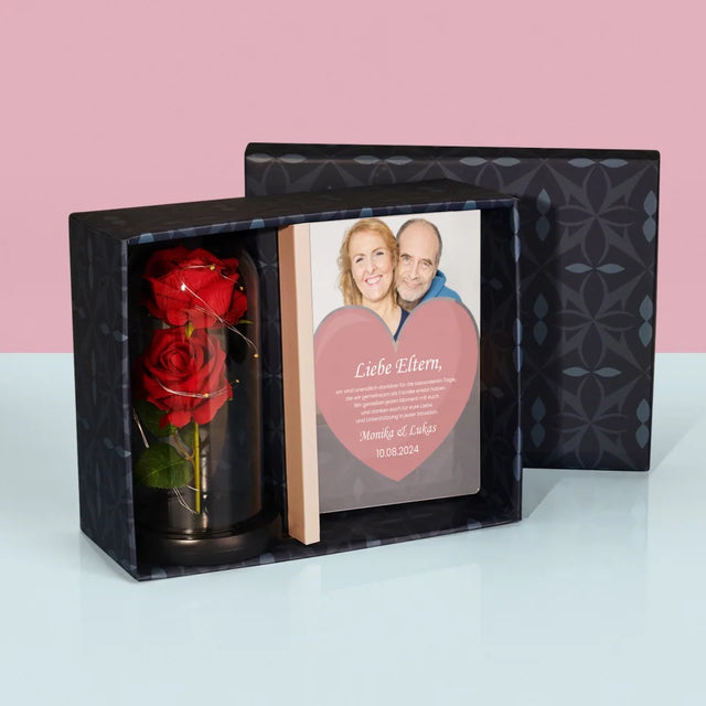 Foto Und Unterschrift: Liebe Eltern - Geschenkset Mit Druck Auf Acrylglas Und Ewiger Rose